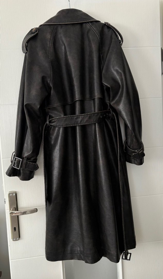 Siyah Deri Uzun Kadın Trençkot - Görsel 4