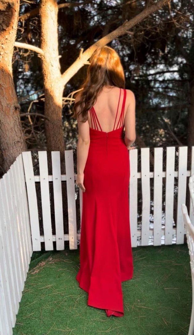 Kırmızı Uzun Drapeli Abiye Elbise - Görsel 2