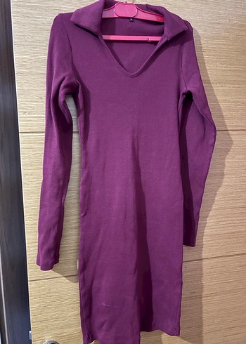 V Yaka Bordo Triko Elbise - Görsel 2