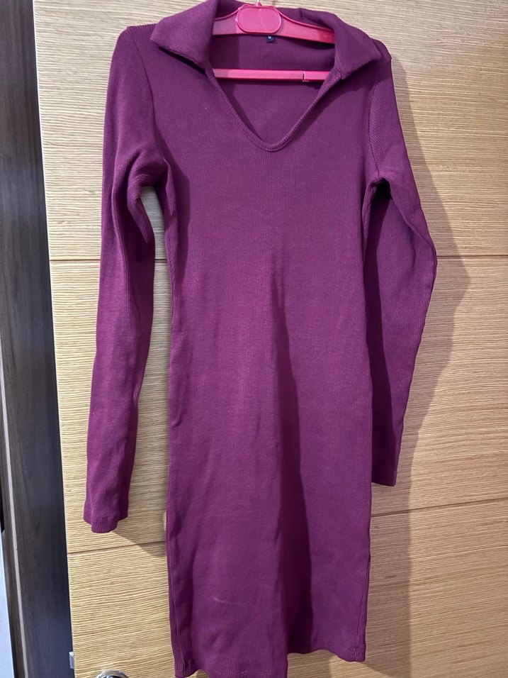 V Yaka Bordo Triko Elbise - Görsel 2