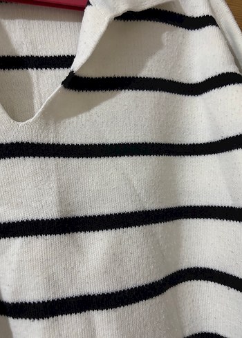 Çizgili siyah Beyaz Triko Kadın Kazak - Görsel 3