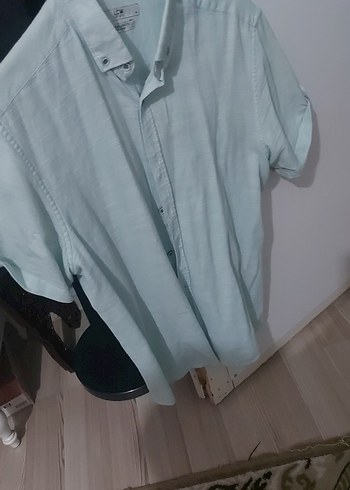 Mavi Pastel Kısa Kollu Keten Erkek Gömlek - Görsel 2