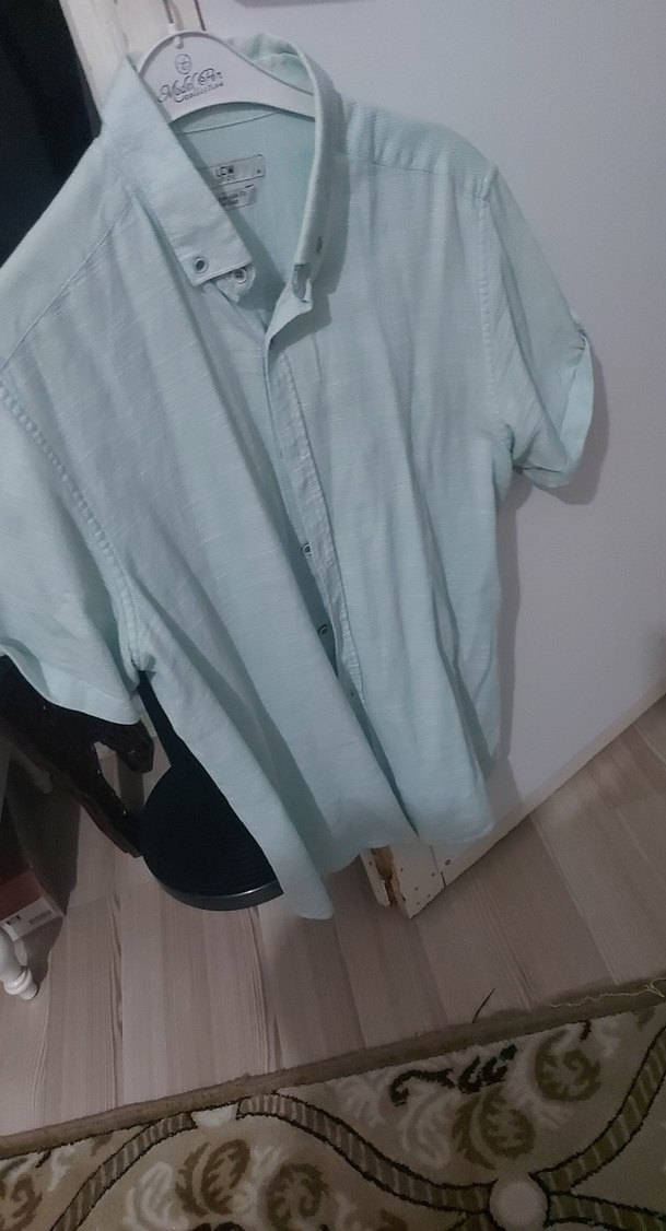 Mavi Pastel Kısa Kollu Keten Erkek Gömlek - Görsel 2