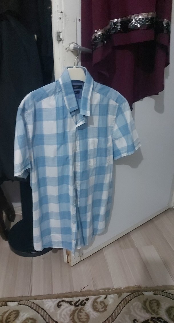 Mavi Kısa Kollu Pamuklu Erkek Gömlek - Görsel 2