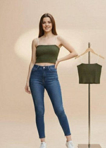 Haki Denim Crop Top, Düz Yaka, Kolsuz - Görsel 2