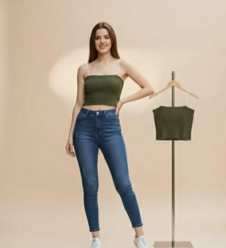 Haki Denim Crop Top, Düz Yaka, Kolsuz - Görsel 2