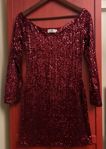 Kırmızı Pullu Uzun Kollu Midi Abiye Elbise - Görsel 3