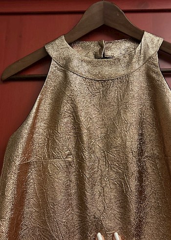 Yuvarlak Yakalı, Kolsuz, Parlak Kahverengi gece Elbise - Görsel 2