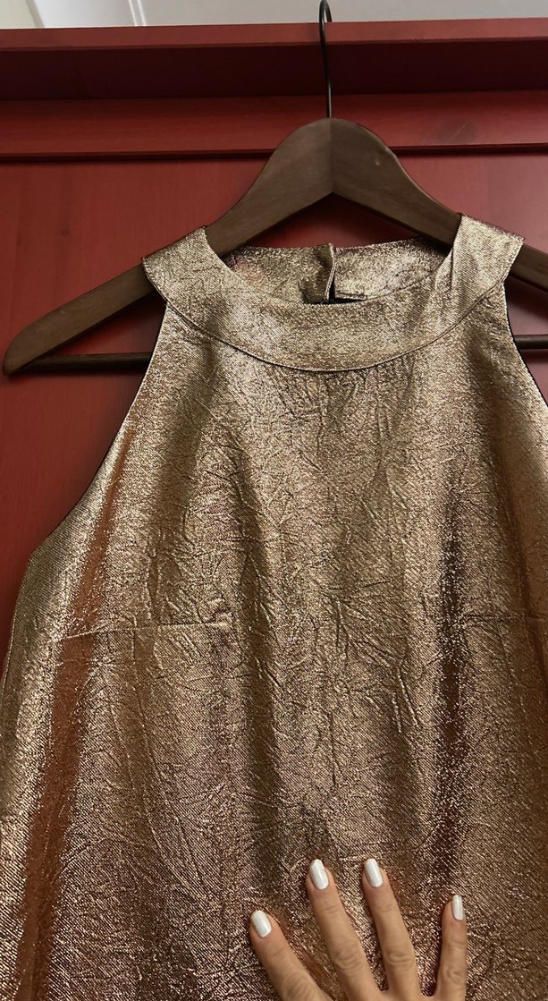 Yuvarlak Yakalı, Kolsuz, Parlak Kahverengi gece Elbise - Görsel 2