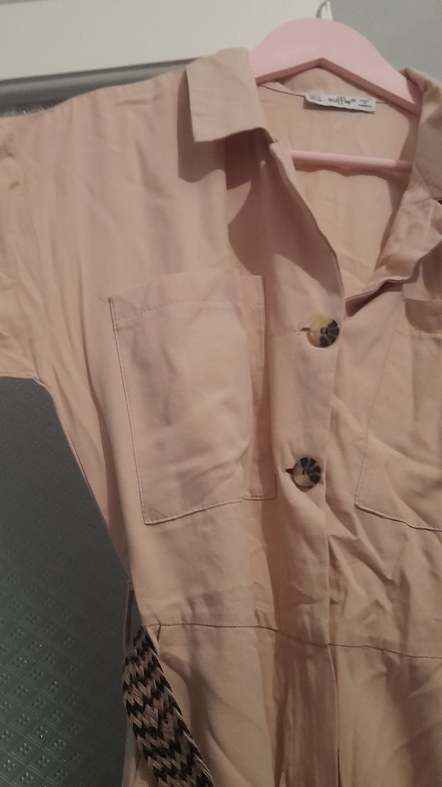 Keten Bej Kuşaklı Uzun Kadın Tulum - Görsel 4