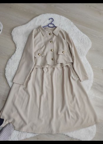 Bej Düğmeli Uzun Keten Kadın Takım - Görsel 2