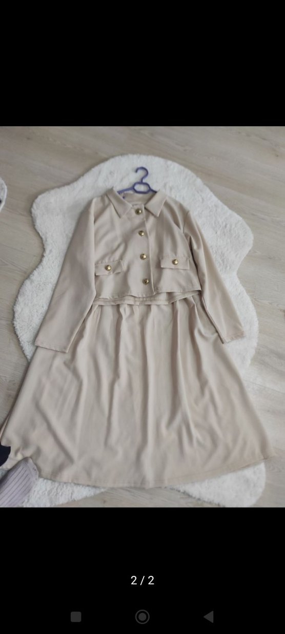 Bej Düğmeli Uzun Keten Kadın Takım - Görsel 2