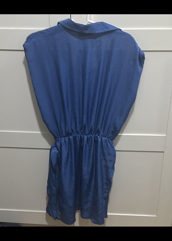 Drapeli Kolsuz Mavi Mini Elbise - Görsel 2