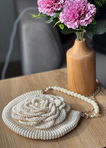 EL ÖRGÜSÜ Boncuk İşlemeli Beyaz Örgü Çiçekli Kadın Çantası - Görsel 3