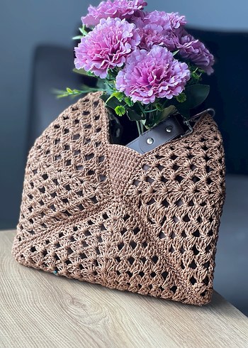 EL ÖRGÜSÜ AÇIK KAHVERENGİ Dantel Detaylı Örgü Bohem Kadın Çanta - Görsel 2