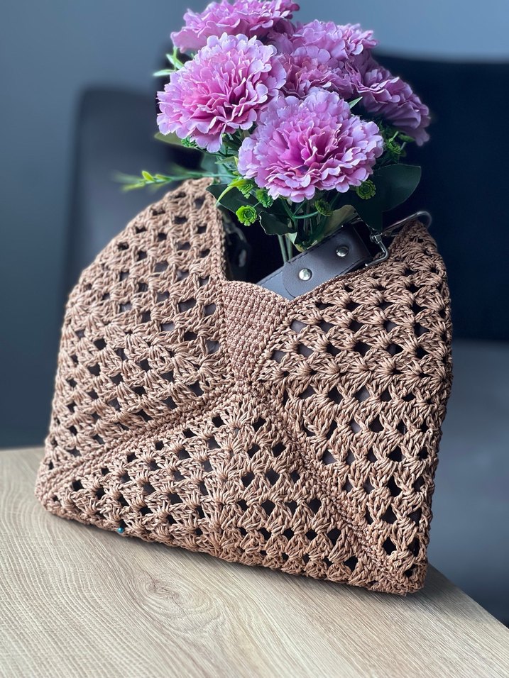 EL ÖRGÜSÜ AÇIK KAHVERENGİ Dantel Detaylı Örgü Bohem Kadın Çanta - Görsel 2