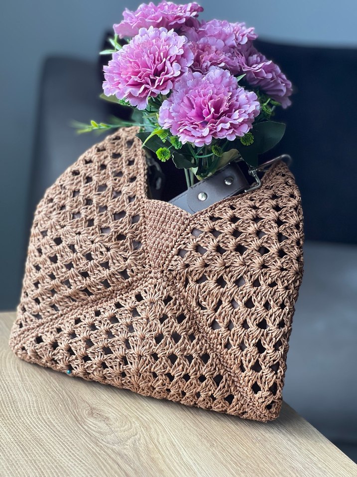 EL ÖRGÜSÜ AÇIK KAHVERENGİ Dantel Detaylı Örgü Bohem Kadın Çanta - Görsel 3