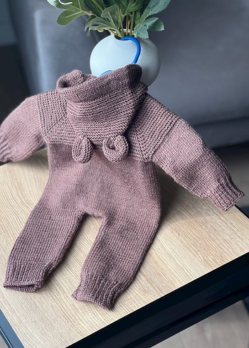 El örgüsü Kahverengi Kapüşonlu Örgü Bebek Tulumu - Görsel 3