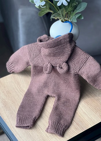 El örgüsü Kahverengi Kapüşonlu Örgü Bebek Tulumu - Görsel 2