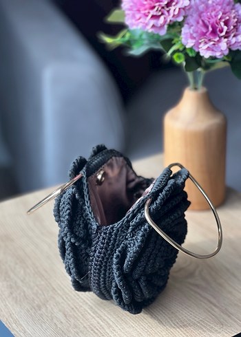 EL ÖRGÜSÜ siyah gül desenli  Bohem Kadın Çanta - Görsel 5