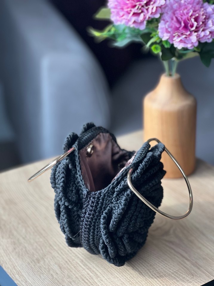 EL ÖRGÜSÜ siyah gül desenli  Bohem Kadın Çanta - Görsel 5