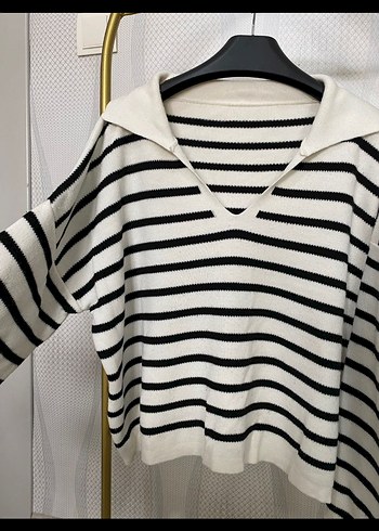 V Yaka Çizgili Midi Triko Kadın Kazak - Görsel 3