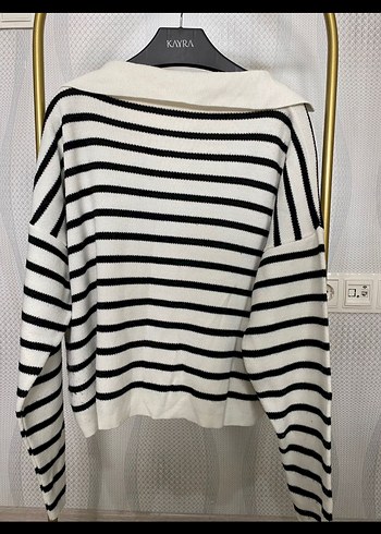 V Yaka Çizgili Midi Triko Kadın Kazak - Görsel 2
