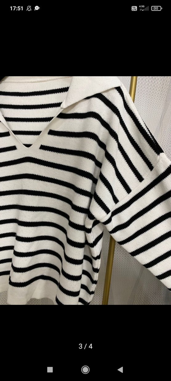 V Yaka Çizgili Midi Triko Kadın Kazak - Görsel 4