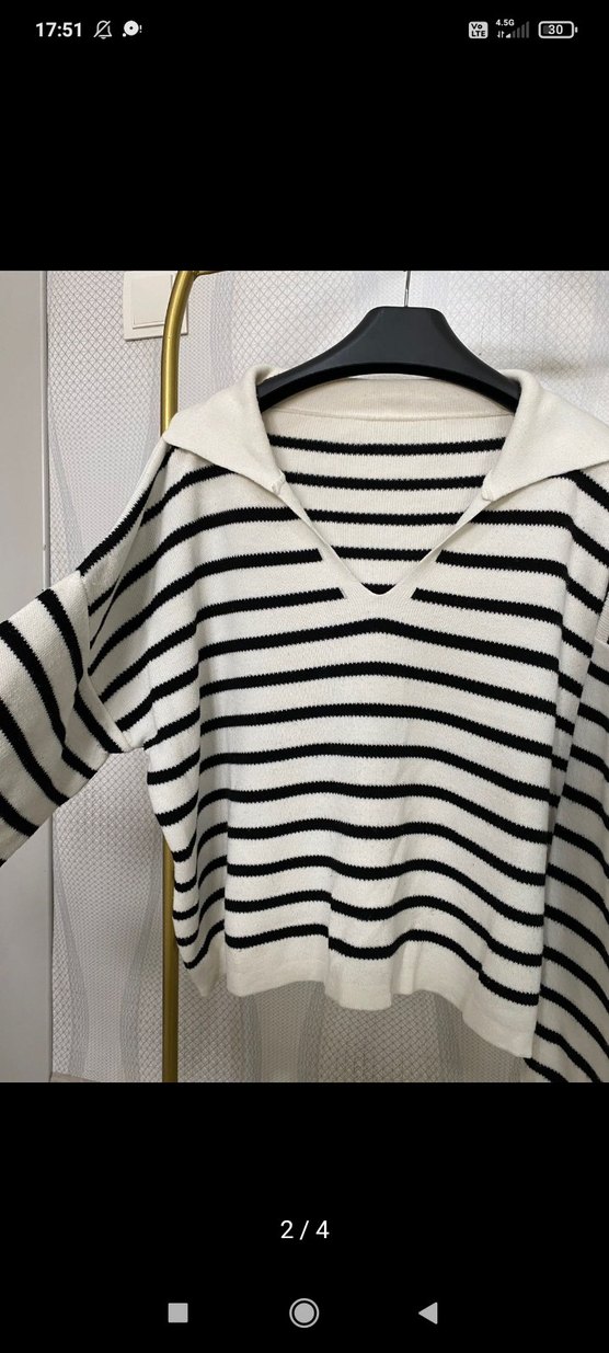 V Yaka Çizgili Midi Triko Kadın Kazak - Görsel 3