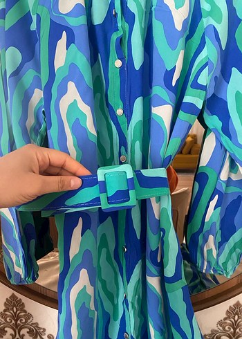 Uzun Mavi Bağlama Desenli Bohem Elbise - Görsel 3