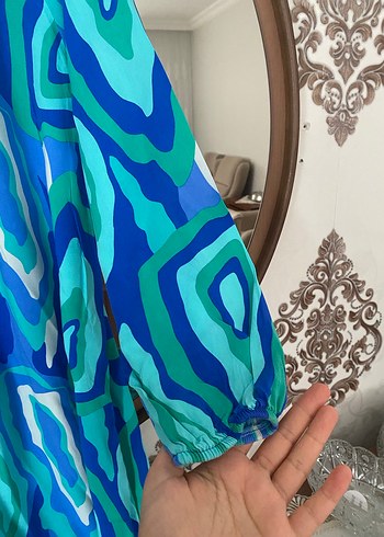 Uzun Mavi Bağlama Desenli Bohem Elbise - Görsel 5