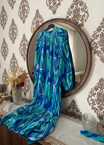 Uzun Mavi Bağlama Desenli Bohem Elbise - Görsel 2