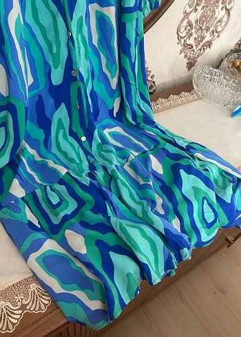 Uzun Mavi Bağlama Desenli Bohem Elbise - Görsel 4