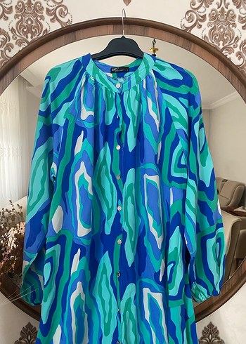 Uzun Mavi Bağlama Desenli Bohem Elbise - Görsel 7