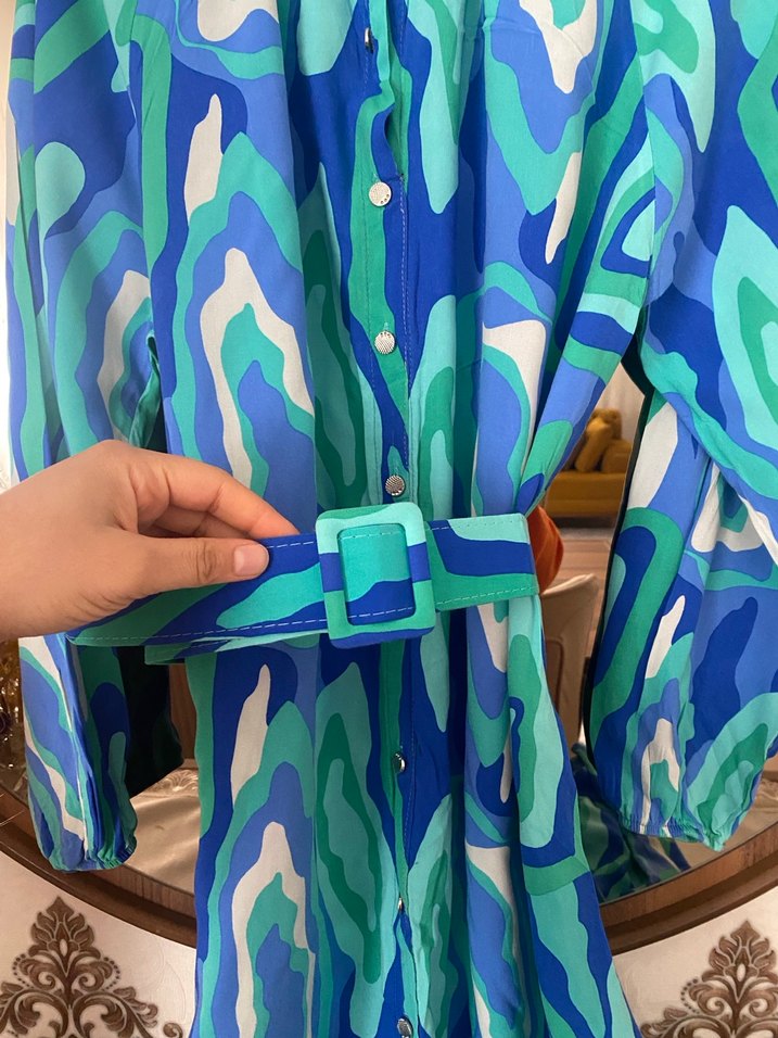 Uzun Mavi Bağlama Desenli Bohem Elbise - Görsel 3