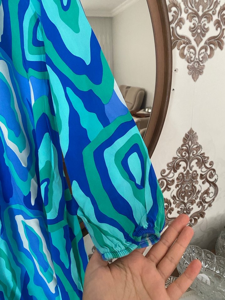 Uzun Mavi Bağlama Desenli Bohem Elbise - Görsel 5