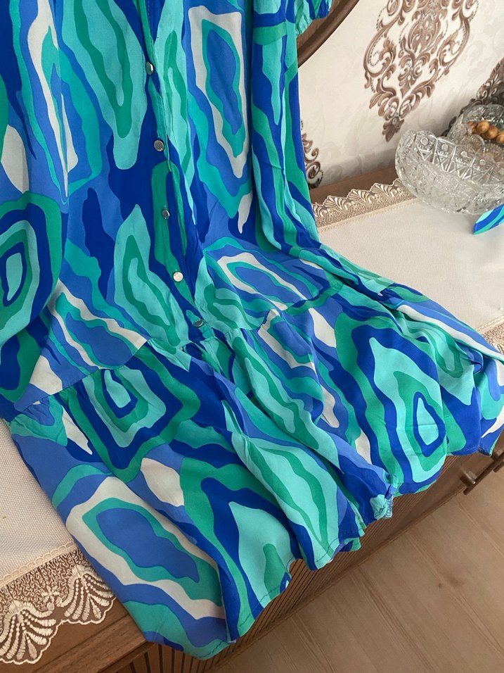 Uzun Mavi Bağlama Desenli Bohem Elbise - Görsel 4