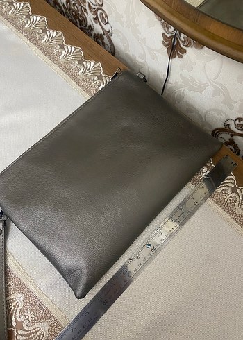 Gri Deri Püsküllü Bohem Kadın Clutch Çanta - Görsel 3