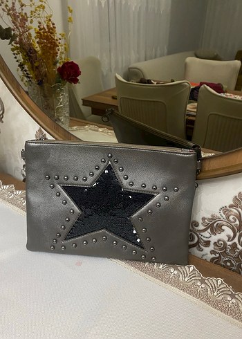 Gri Deri Püsküllü Bohem Kadın Clutch Çanta - Görsel 2