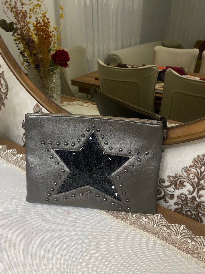 Gri Deri Püsküllü Bohem Kadın Clutch Çanta - Görsel 2