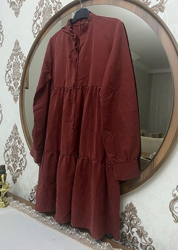 Bordo Uzun Bohem Düğmeli Elbise - Görsel 3