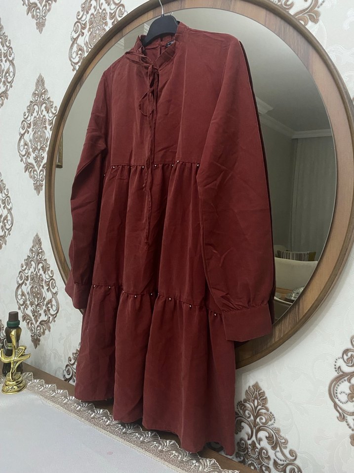 Bordo Uzun Bohem Düğmeli Elbise - Görsel 3