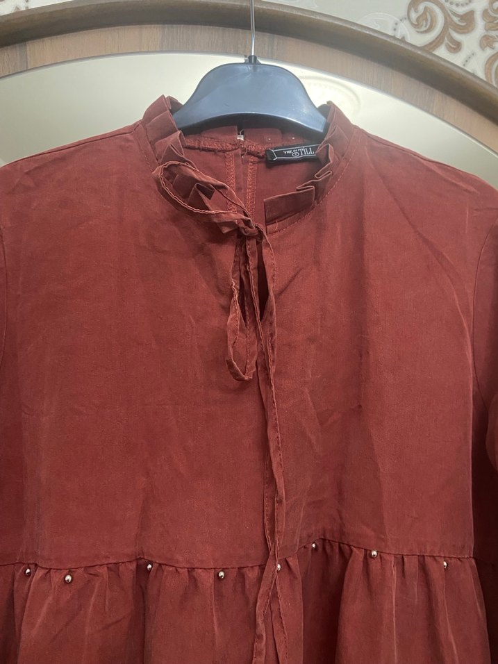 Bordo Uzun Bohem Düğmeli Elbise - Görsel 5