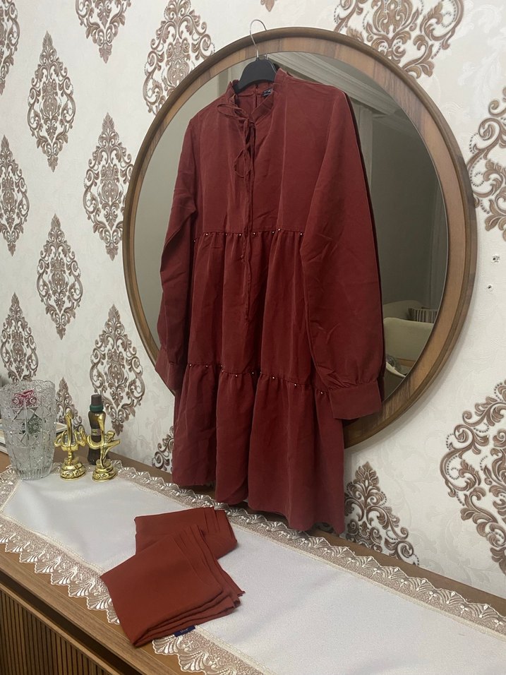 Bordo Uzun Bohem Düğmeli Elbise - Görsel 4