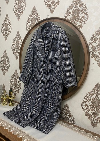 Gri Ekose Desenli Uzun Kadın Kaban - Görsel 4