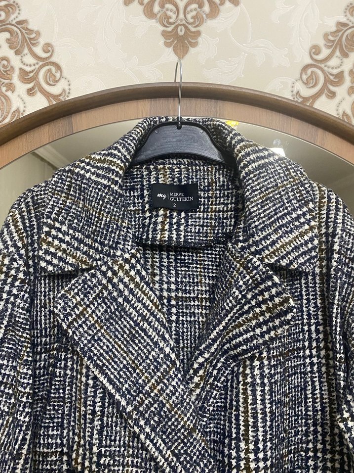 Gri Ekose Desenli Uzun Kadın Kaban - Görsel 3