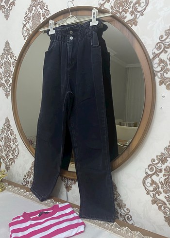 Kemerli Siyah Bağlamalı Salaş Kadın Kot Pantolon - Görsel 2