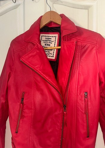 Kadın Kırmızı Deri Biker Ceket orijinal mango - Görsel 4