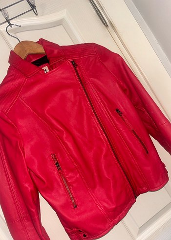 Kadın Kırmızı Deri Biker Ceket orijinal mango - Görsel 3