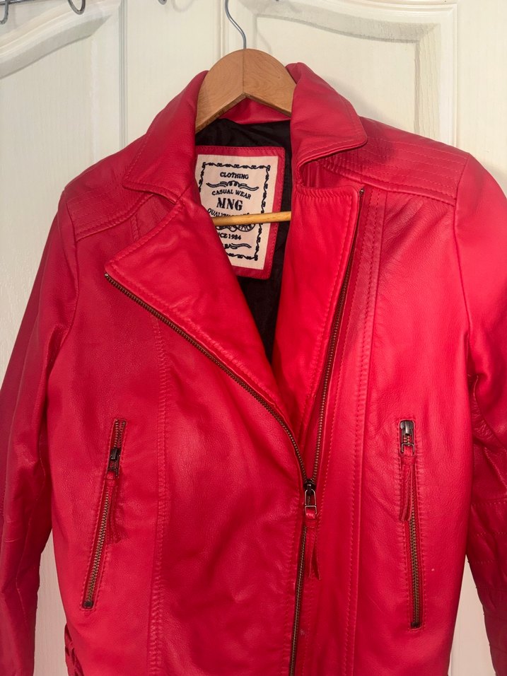 Kadın Kırmızı Deri Biker Ceket orijinal mango - Görsel 4